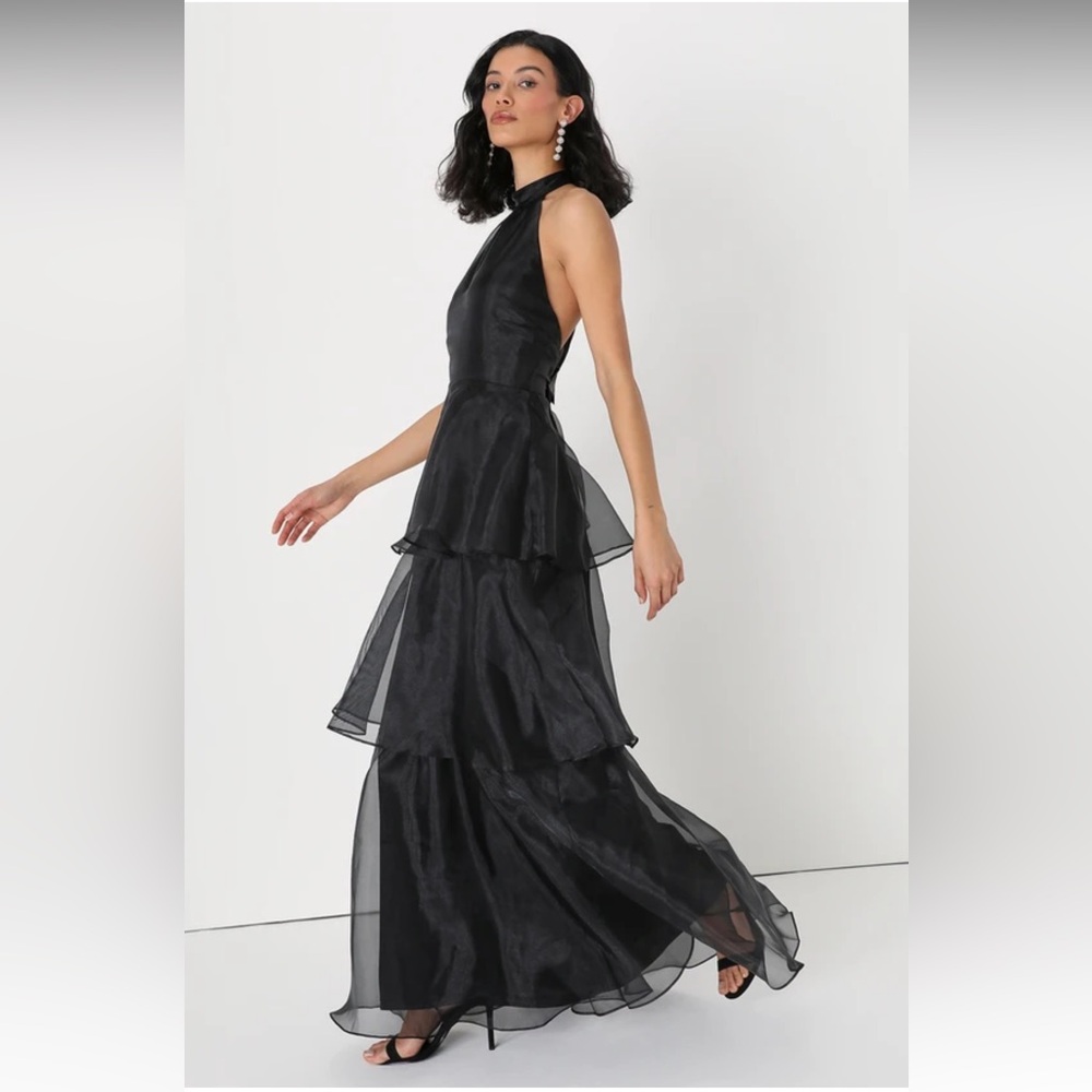 Lulu's Black Tiered Ruffled Halter Gown